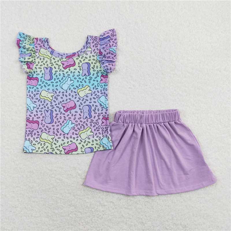 rts stock	 GSD0768 Colorful Rabbit Lace Sleeve Top Purple Skirt Suit