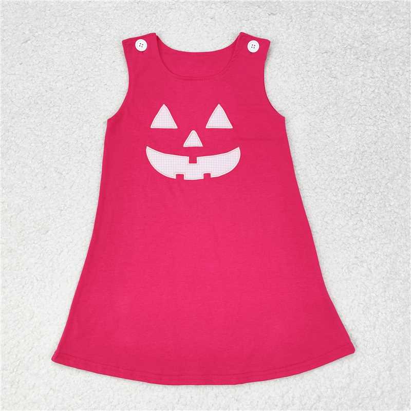 RTS NO MOQ Embroidered Pumpkin Face Button Sleeveless Dress; Pink & Orange