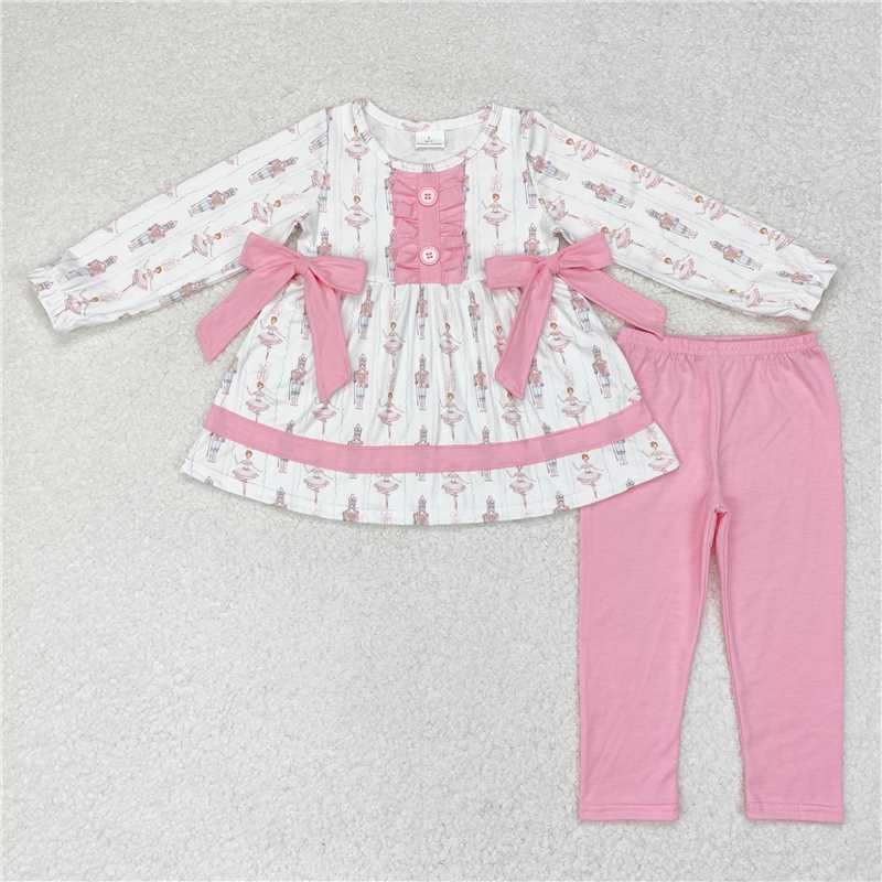 RTS NO MOQ GLP1283 SR1931 GLD0720 Pink Bow Ballet Girls Long Sleeve Suit & Long Sleeve Dress & Romper