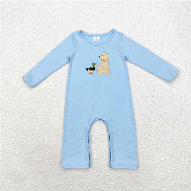 RTS NO MOQ Sibling baby boy clothes Embroidered Puppy Pattern Striped Long Sleeve Top & Climbing Suit