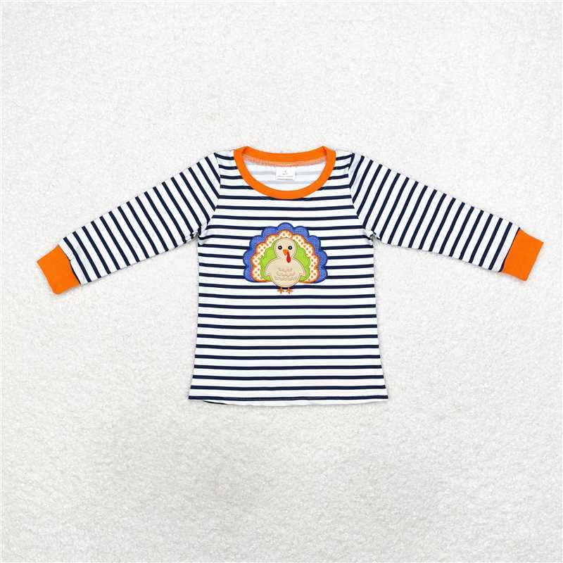 RTS NO MOQ Embroidered turkey pattern blue and white stripes & orange and white stripes long sleeve top