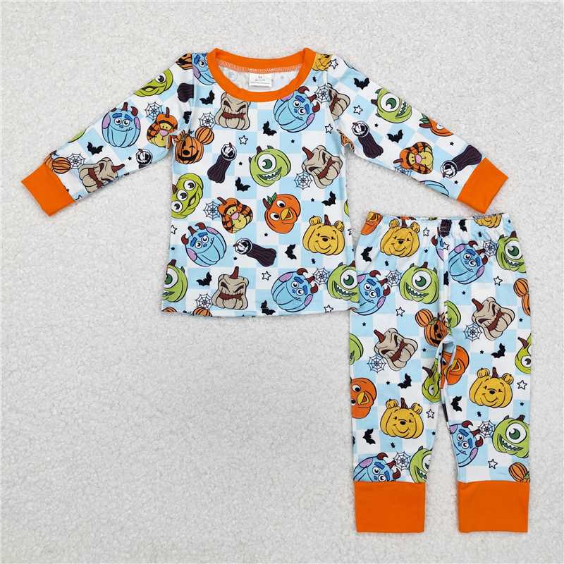 RTS NO MOQ GLP1738 GLD0791 BLP0809 LR1650 Mutated Pumpkin Pattern Sky Blue Plaid Long Sleeve Suit & Climbing Suit & Dress