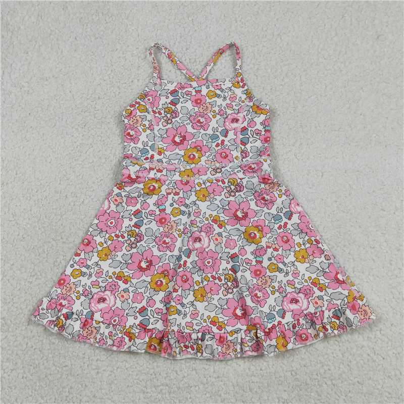 RTS NO MOQ Sibling yoga fabric Baby Girls Cute Daisy Strap Ruffle Hem Yoga Dress