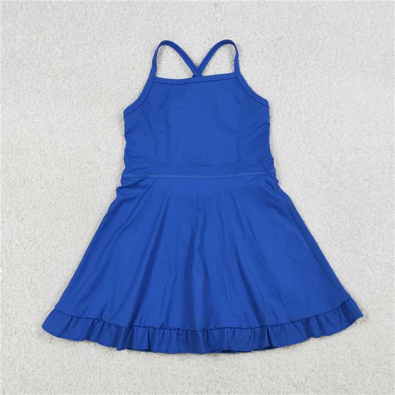 RTS NO MOQ Sibling yoga fabric Baby Girls Blue Checker Print Tank Skort And Solid Blue Halter Twirl Dress Matching Yoga Outfit