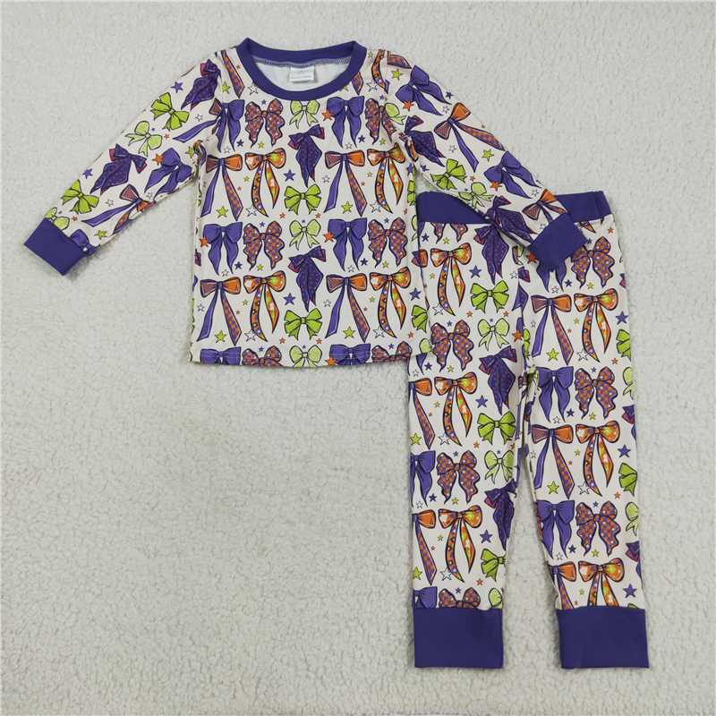 RTS NO MOQ（In Stock) GLP2566 Beige long-sleeved, long-pants pajama set with a star and bow pattern