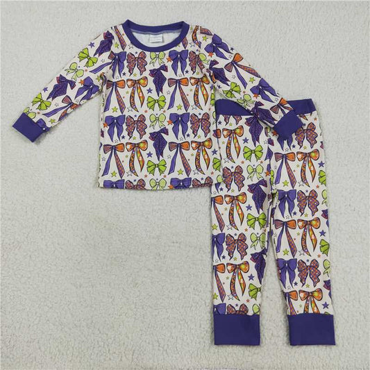 RTS NO MOQ（In Stock) GLP2566 Beige long-sleeved, long-pants pajama set with a star and bow pattern
