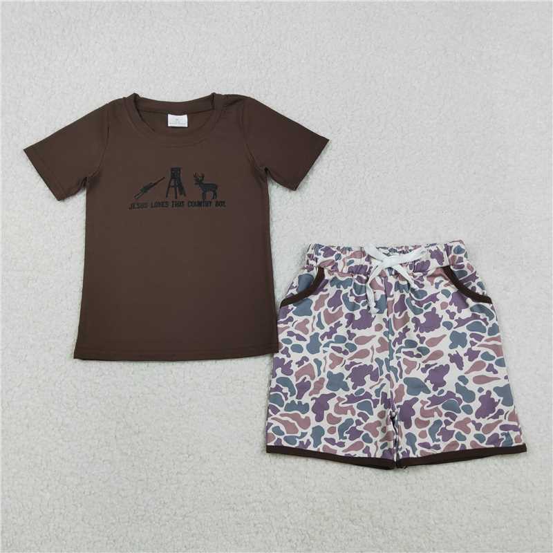 3/6m-6/7t RTS NO MOQ Sibling baby boy girl clothes embroidery gun hunting short sleeve shorts sets and rompers