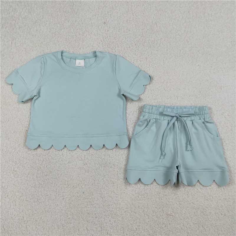 RTS NO MOQ Sibling Baby Girls Shirt Top Scallop Short with Pockets Set Cute Clothes