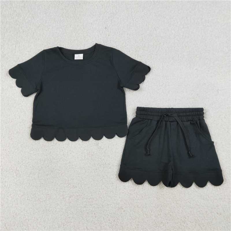 RTS NO MOQ Sibling Baby Girls Shirt Top Scallop Short with Pockets Set Cute Clothes