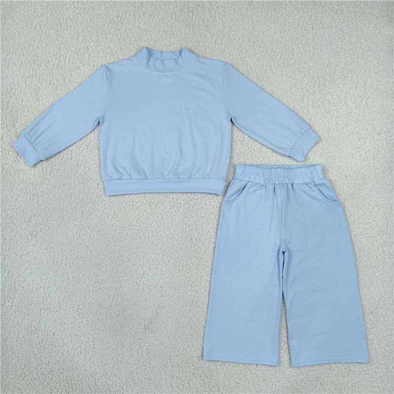 RTS NO MOQ Sibling cotton Baby Girls High Neck Solid Leopard Long Sleeve Top And Wide Leg Pant Casual Set