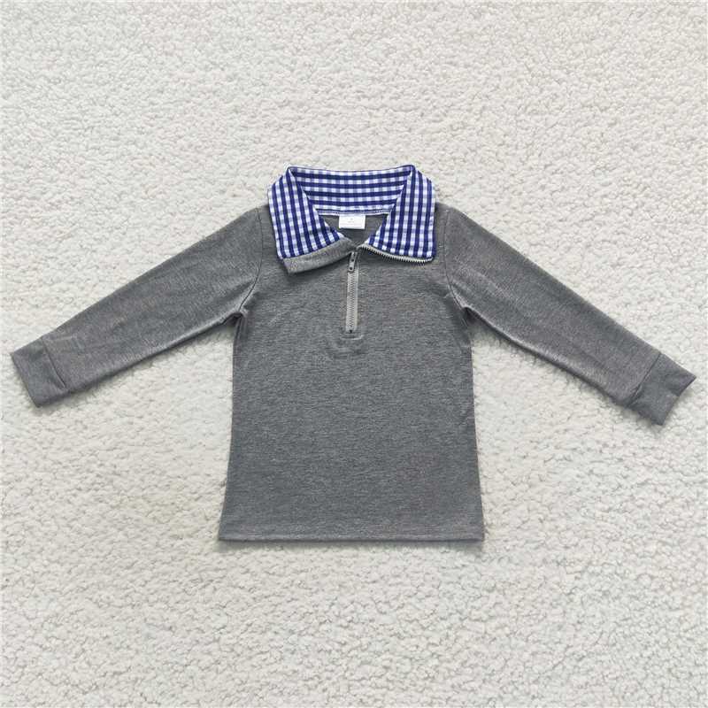 RTS NO MOQ BT0282 BT0285 BT0283 Grey plaid zip-up collar long-sleeved pullover top