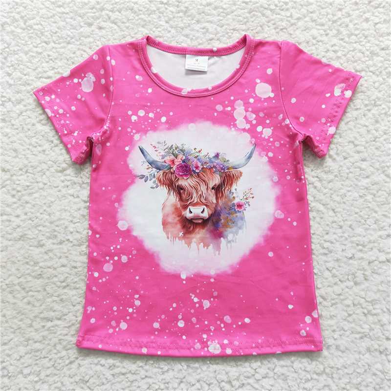SALES NEW Baby Girls Highland Cow Flowers Short Sleeve Shirts Tops