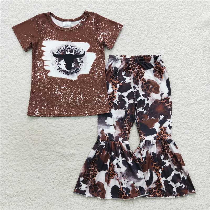 Rts no moqG3-24-6 Brown short-sleeved cow pattern pants suit
