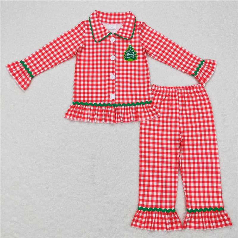RTS NO MOQ Sibling baby girl boy clothes Embroidered Christmas tree pattern red plaid long-sleeved suitS