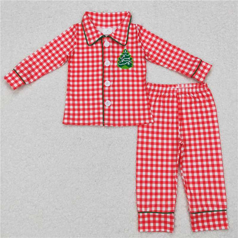 RTS NO MOQ Sibling baby girl boy clothes Embroidered Christmas tree pattern red plaid long-sleeved suitS