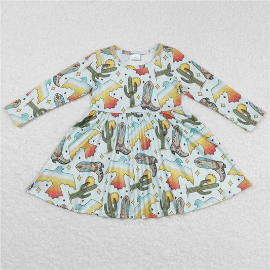 SALES NEW Baby Girls Western Birds Cactus Print Knee Length Dresses with Boots for Special Occasions