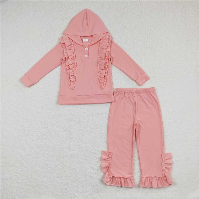 RTS NO MOQ GLP2061 GLP2058 GLP0895 GLP0894  Ruffled Lace Button Hooded Pullover Long Sleeve Pants Set