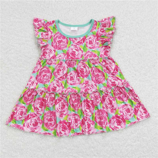 SALES NEW Baby Girls Summer Flutter Sleeve Pink Rose Flowers Tunic Tops