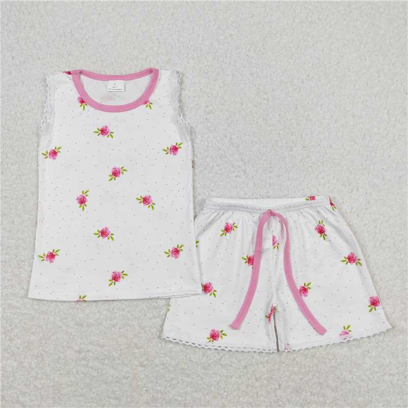 GSSO0694  White Sleeveless Shorts Set with Floral Polka Dots summer sets