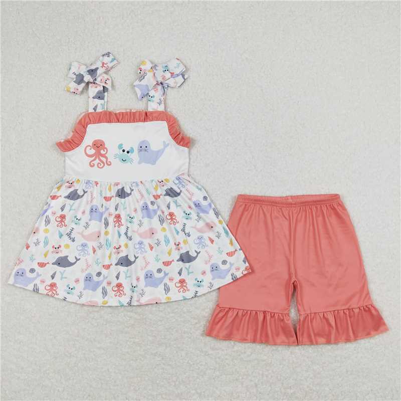 RTS	 BSSO0671 Octopus Crab Seal Brick Red Short Sleeve White Shorts Set Sibling Sister Clothes