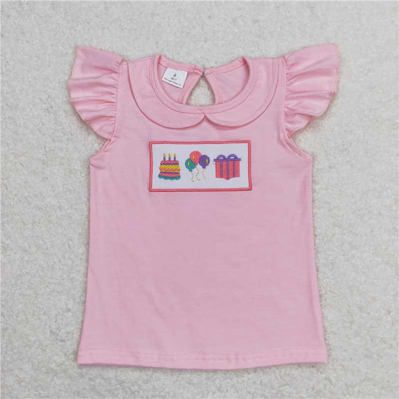 SALES NEW Baby Girls Pink Birthday Tee Shirts Tops with Flutter Sleeves Soft Cotton Children's Clothing for Girls