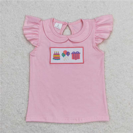 SALES NEW Baby Girls Pink Birthday Tee Shirts Tops with Flutter Sleeves Soft Cotton Children's Clothing for Girls
