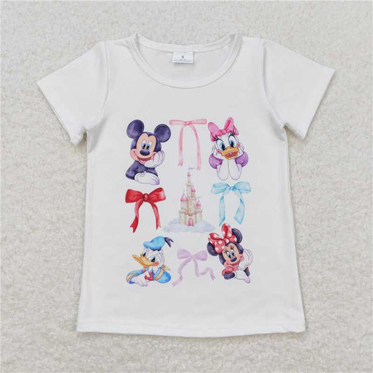 SALES NEW Baby Girls Mouse Duck Bow Print Short Sleeve Shirt Tops Cute And Fashionable Kids' Clothing