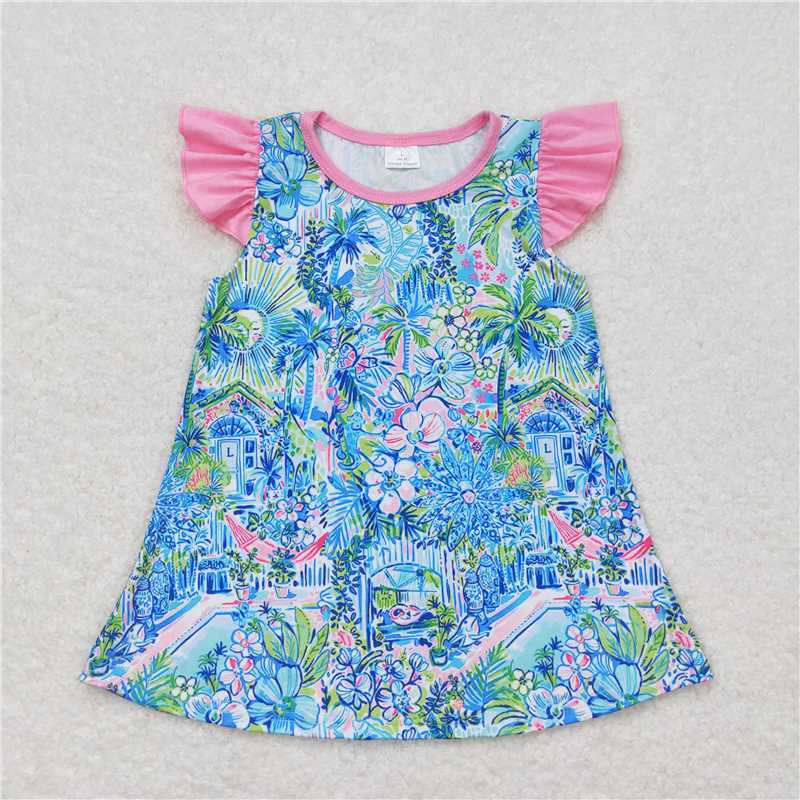 SALES NEW Baby Girls Blue Flowers Tunic Tops with Flutter Sleeves Soft Cotton Infant Clothing for Girls Floral Print Top for Kids