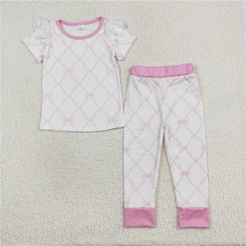 RTS NO MOQ  50%cotton +45%bamboo +5%spandex GSSO1187 Modal bow pattern lace sleeveless shorts set