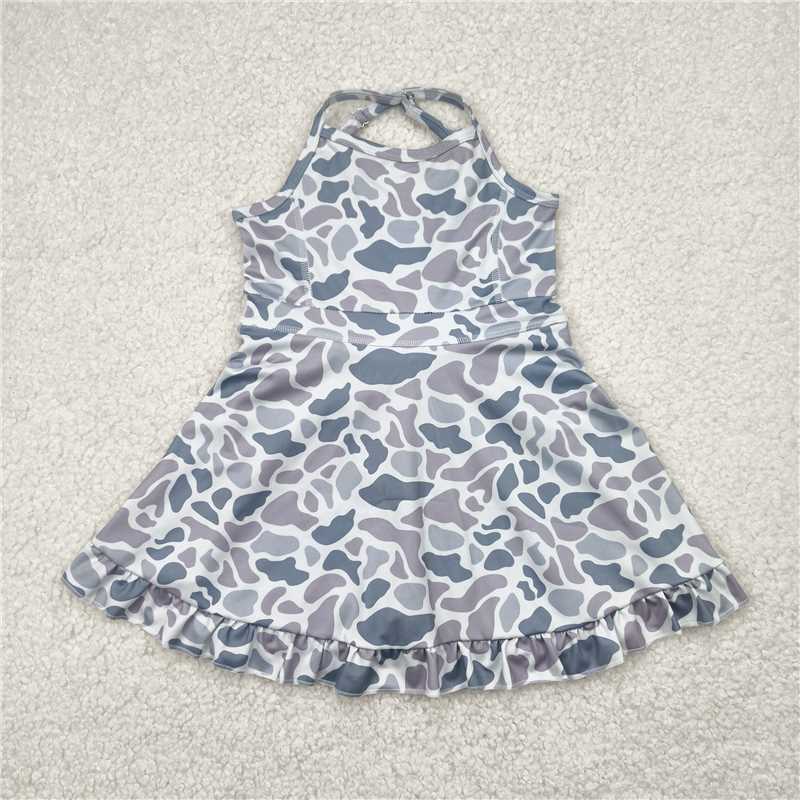 RTS NO MOQ Sibling baby girl boys clothes yoga camouflage dress and swimsuit and swim trunks and top