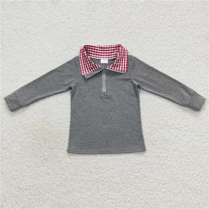 RTS NO MOQ BT0282 BT0285 BT0283 Grey plaid zip-up collar long-sleeved pullover top