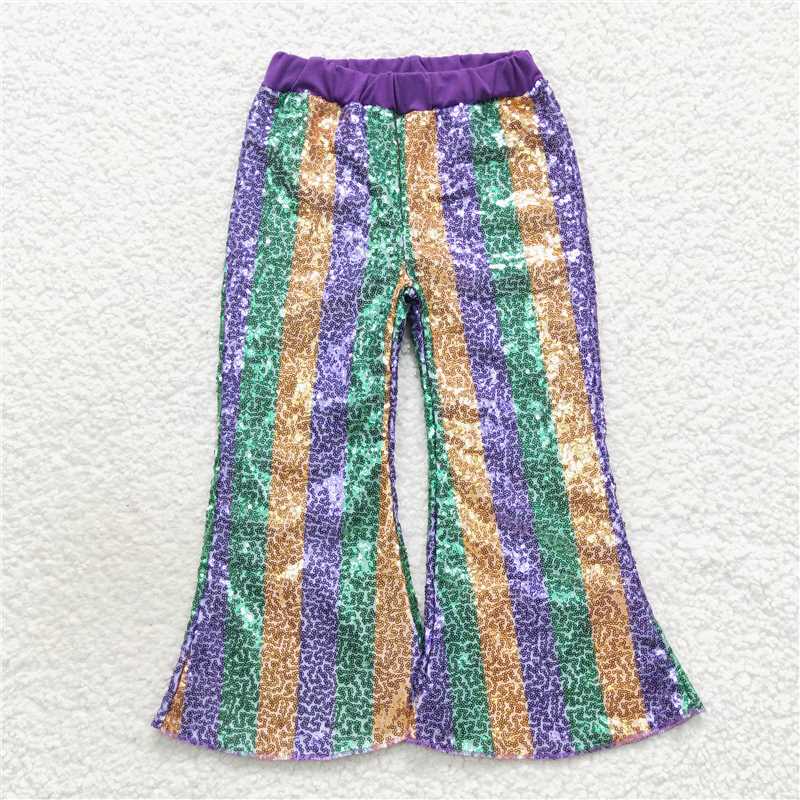 RTS NO MOQ P0277 P0199 Sequin Striped Elastic Flared Pants: Yellow Purple & Red Green