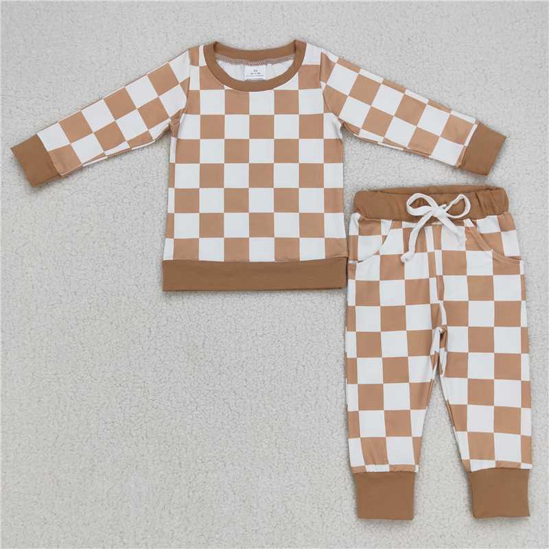 RTS NO MOQ Sibling baby boy clothes Dark Brown Plaid Long Suit & Black and White Plaid Long Hooded Suit
