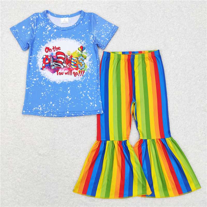 RTS NO MOQ（In Stock) GSPO0924 Girls places dr seuss letter blue short sleeve suit