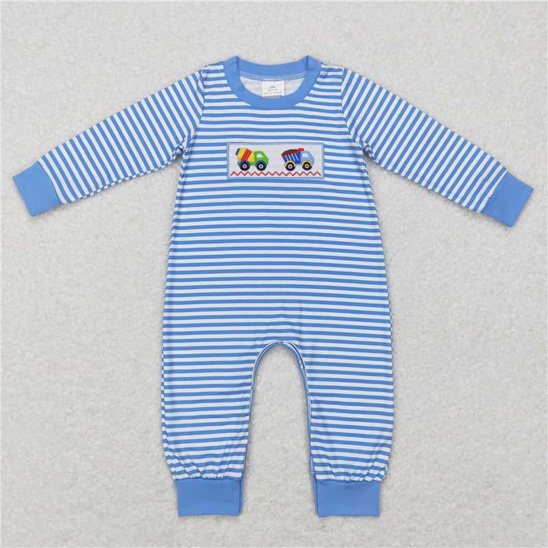 RTS NO MOQ LR0750 BLP0393 Blue striped long-sleeved top & romper with embroidered car pattern