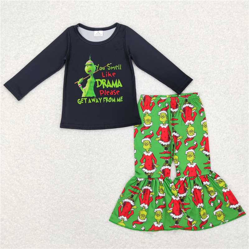 GLP0999 girls letter black long sleeve green pants suit