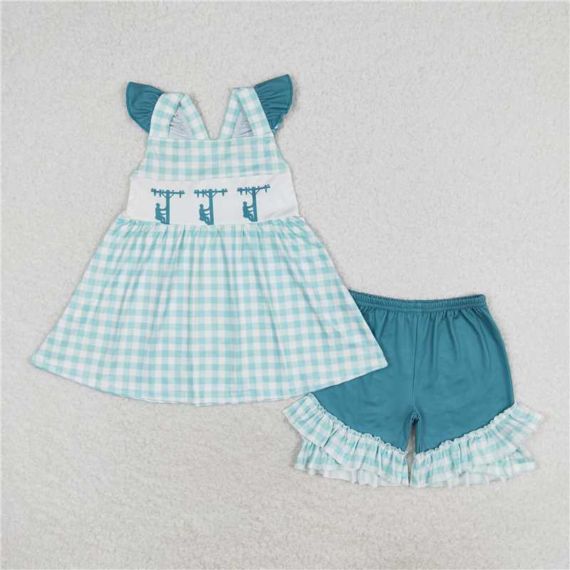 RTS NO MOQ Pole maintenance worker pattern short-sleeved shorts suit & romper