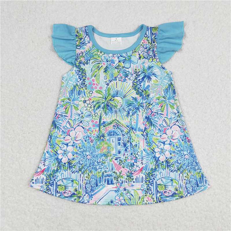 SALES NEW Baby Girls Blue Pink Flowers Flutter Sleeve Tunic Tops Infant Girl's Floral Top with Gathered Hem for Spring/Autumn
