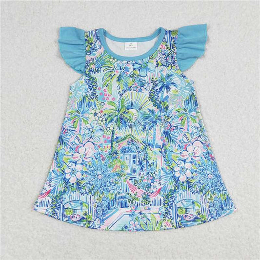 SALES NEW Baby Girls Blue Pink Flowers Flutter Sleeve Tunic Tops Infant Girl's Floral Top with Gathered Hem for Spring/Autumn