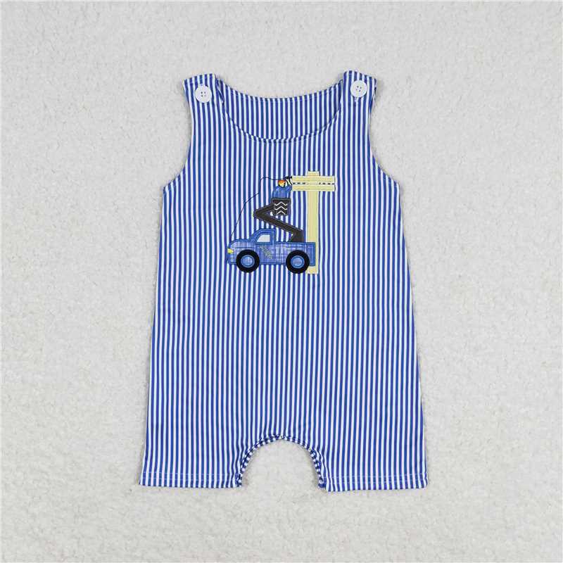 RTS NO MOQ Embroidered Maintenance Pole Truck Pattern Blue Striped Jumpsuit & Short Sleeve Shorts Set
