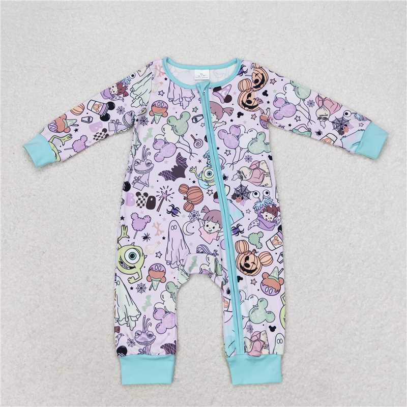 RTS NO MOQ Bamboo Little Girls Pattern Light Purple Long Zipper Romper