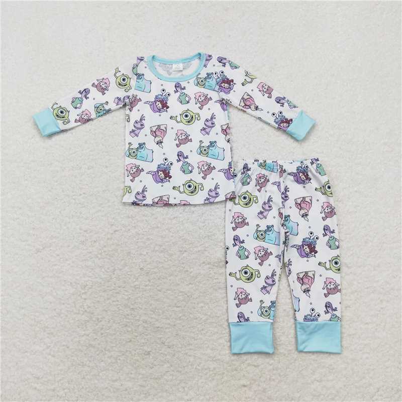 RTS NO MOQ Monsters Academy Printed Long Sleeve Set & Short Sleeve Flared Pants Set