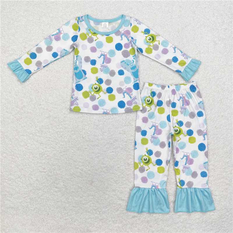 RTS NO MOQ Monsters Academy Printed Long Sleeve Set & Short Sleeve Flared Pants Set