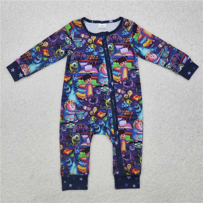 RTS NO MOQ Bamboo Little Girls Pattern Light Purple Long Zipper Romper