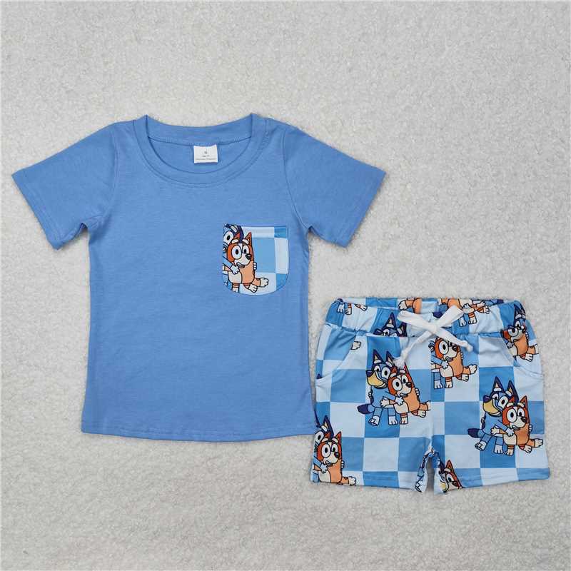 RTS NO MOQ BSSO1211 Blue plaid short-sleeved shirt and shorts set