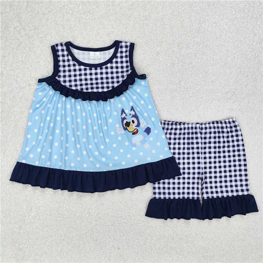 Cute Clothes GSSO2124 Baby Girls Daily Wear Blue Polka Dots Tunic Ruffle Shorts Outfit