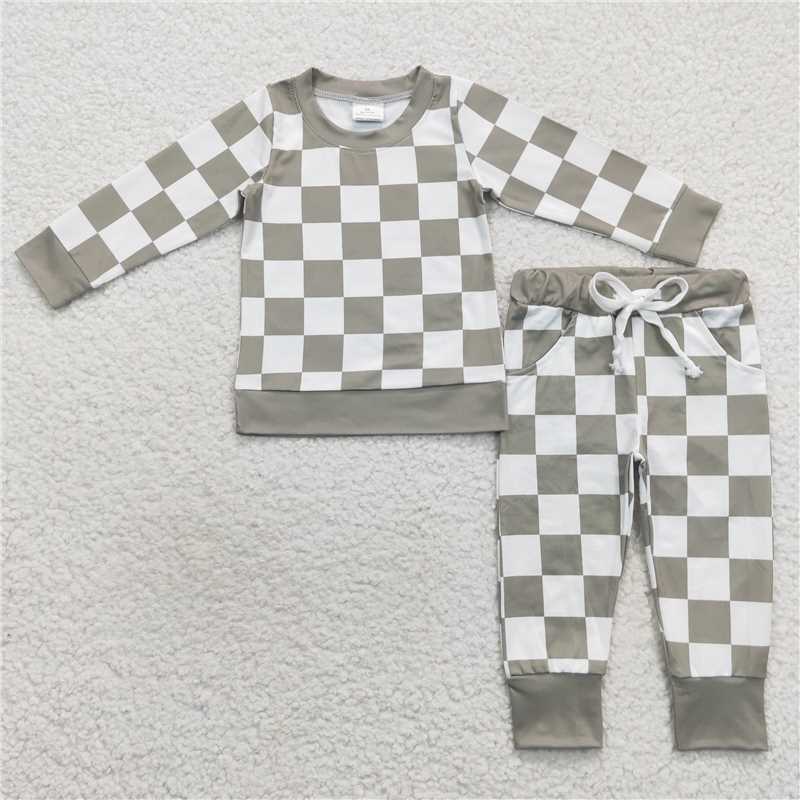 RTS NO MOQ Sibling baby boy clothes Dark Brown Plaid Long Suit & Black and White Plaid Long Hooded Suit