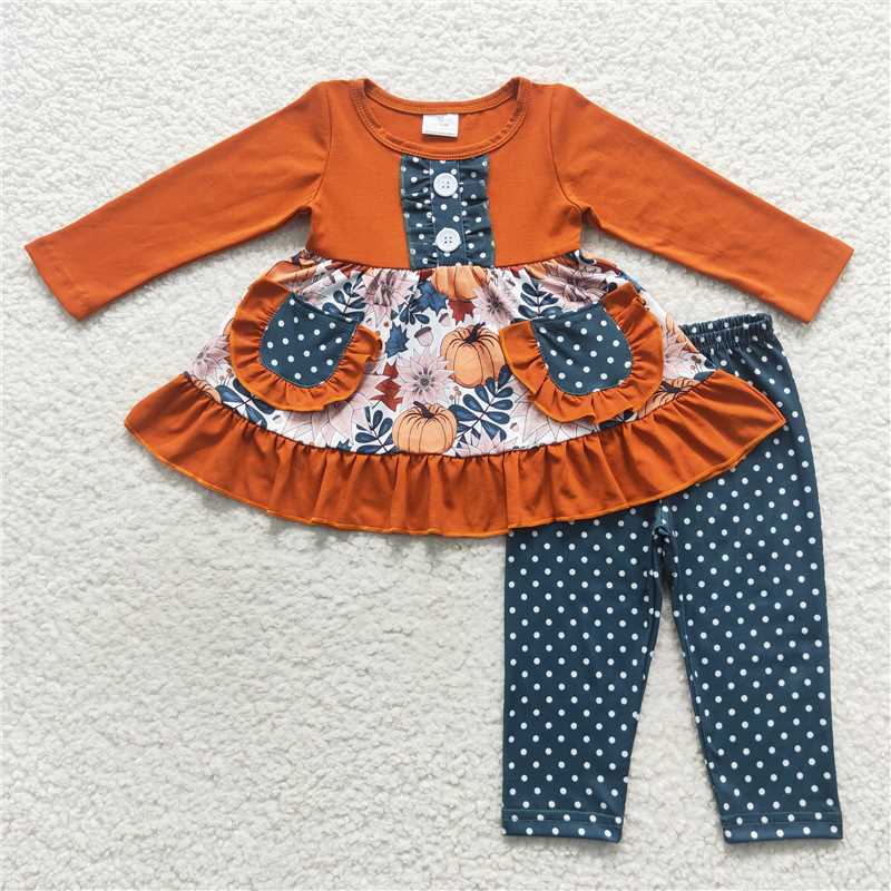 RTS NO MOQ GLP0682 Pumpkin flower brown lace pocket long sleeve polka dot green trousers set