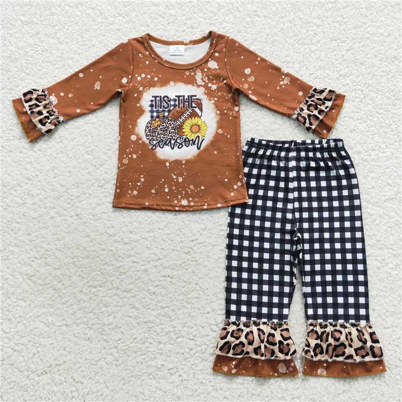 RTS NO MOQ GLP0706 tis the season leopard print pumpkin rugby brown long sleeve plaid trousers suit