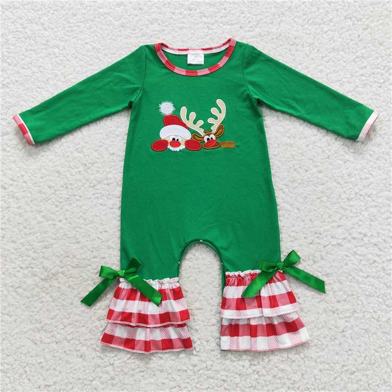 RTS NO MOQ GLP0507 Embroidered Santa Claus reindeer plaid lace green long-sleeved trousers suit